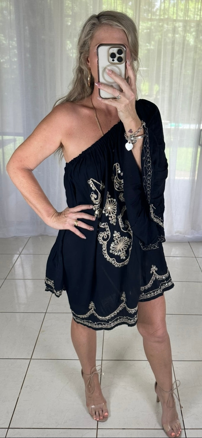 Sequin Dress - Black + Beige embroidery