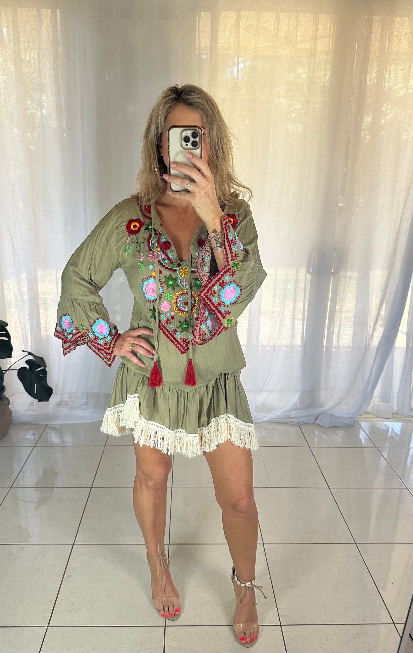 Embroidered Khaki Fringe Dress