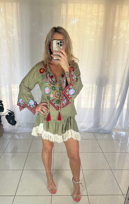 Embroidered Khaki Fringe Dress