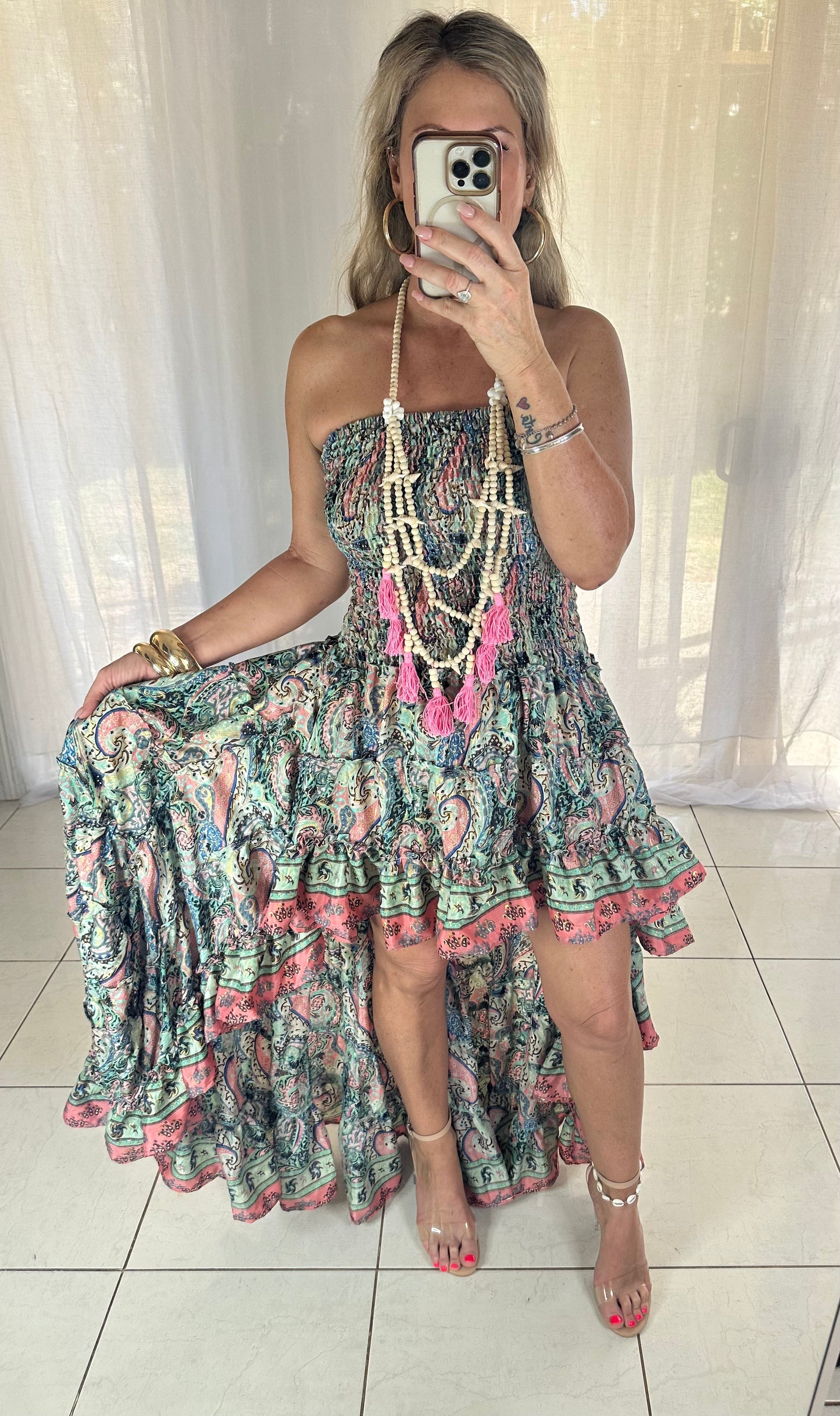 Blossom high Lo Ruffle Dress - Green + Coral