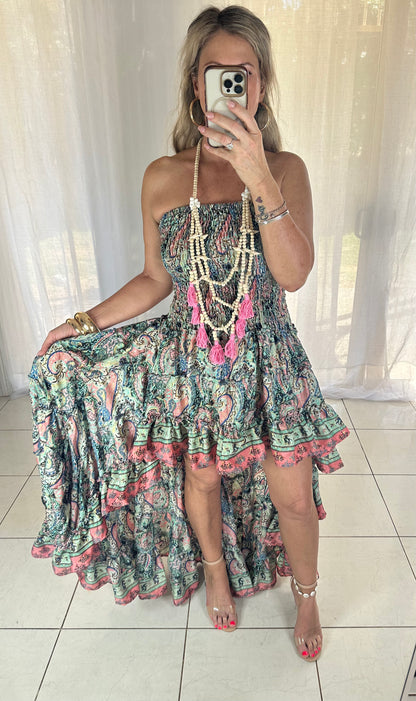 Blossom high Lo Ruffle Dress - Green + Coral