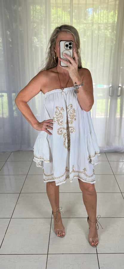 Sequin Dress - White + Beige embroidery