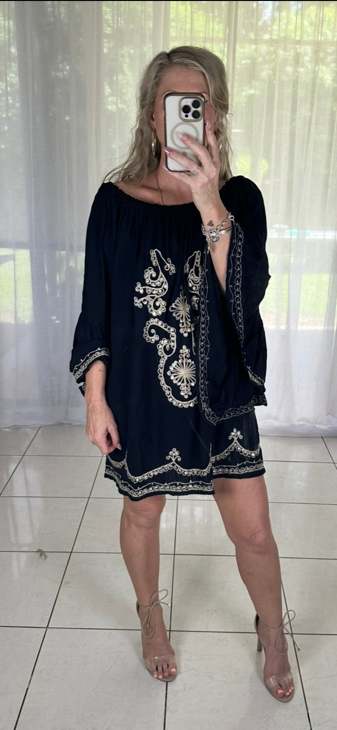 Sequin Dress - Black + Beige embroidery