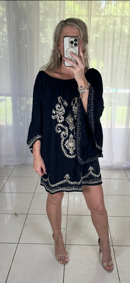 Sequin Dress - Black + Beige embroidery