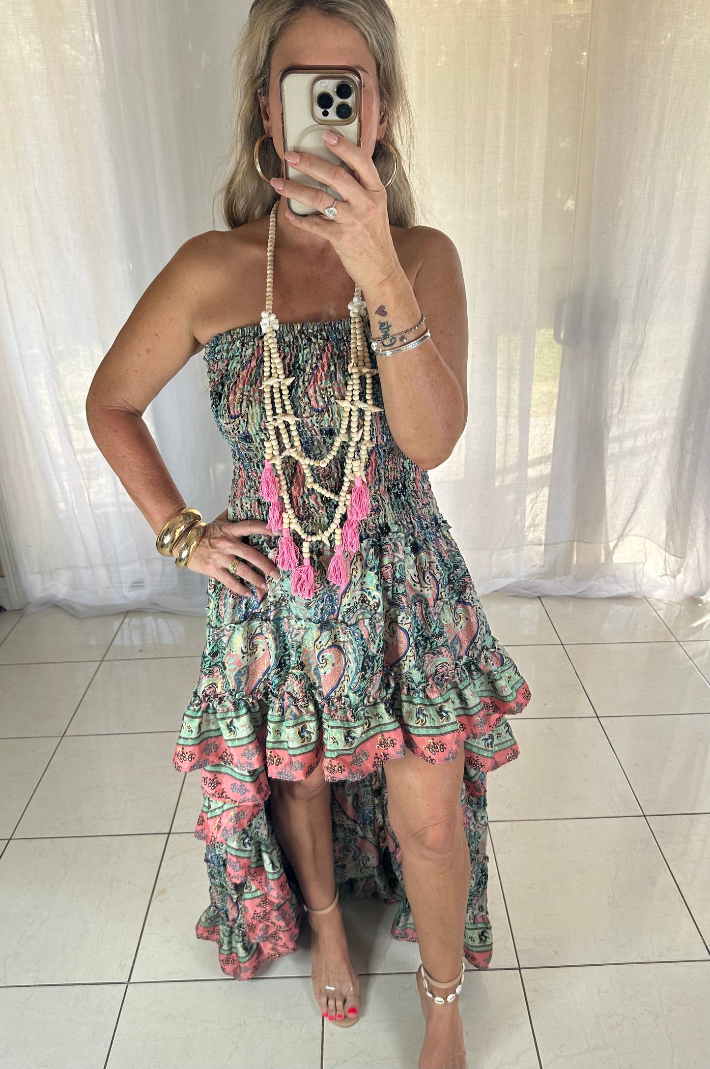 Blossom high Lo Ruffle Dress - Green + Coral