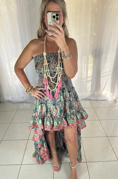 Blossom high Lo Ruffle Dress - Green + Coral