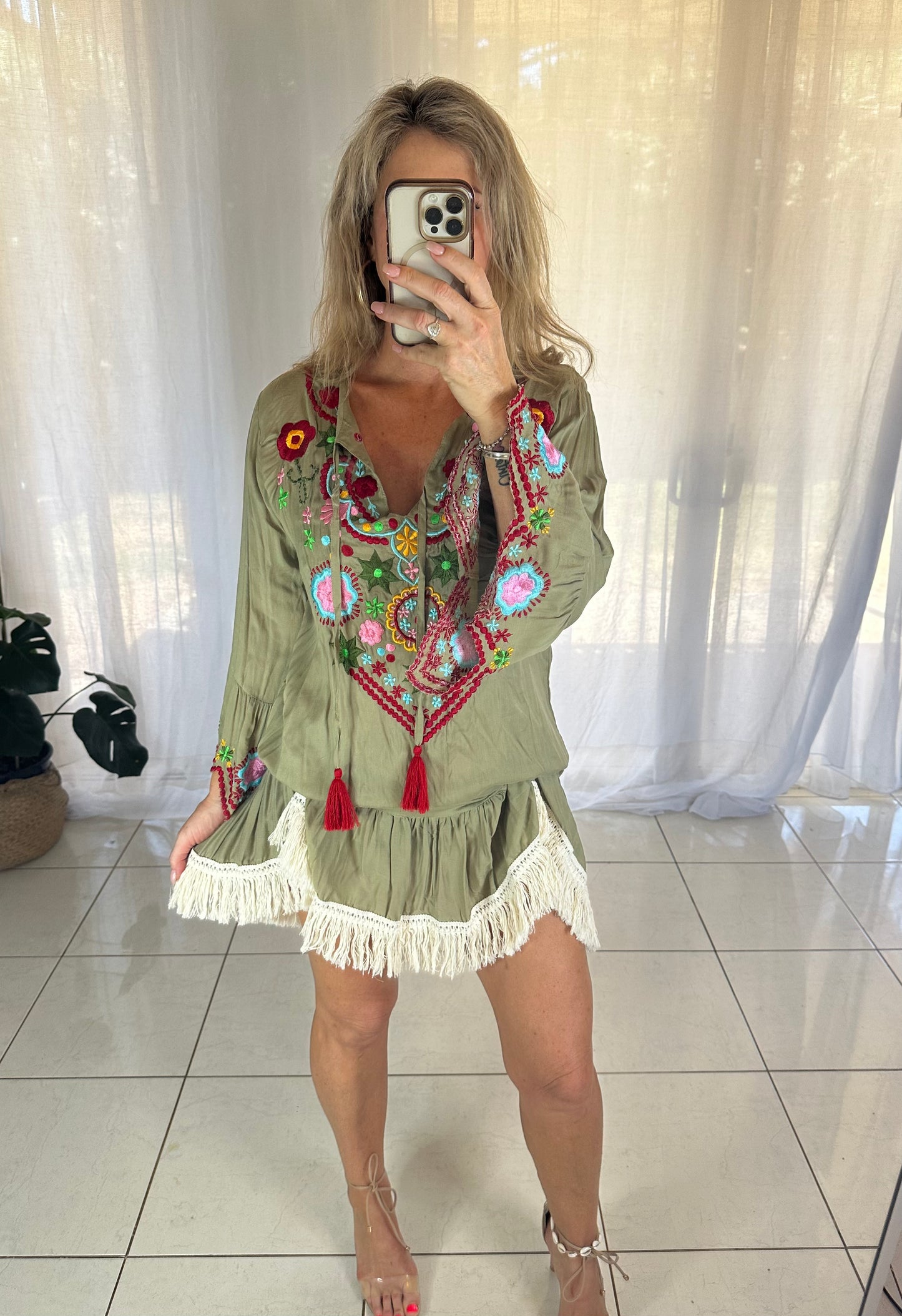 Embroidered Khaki Fringe Dress