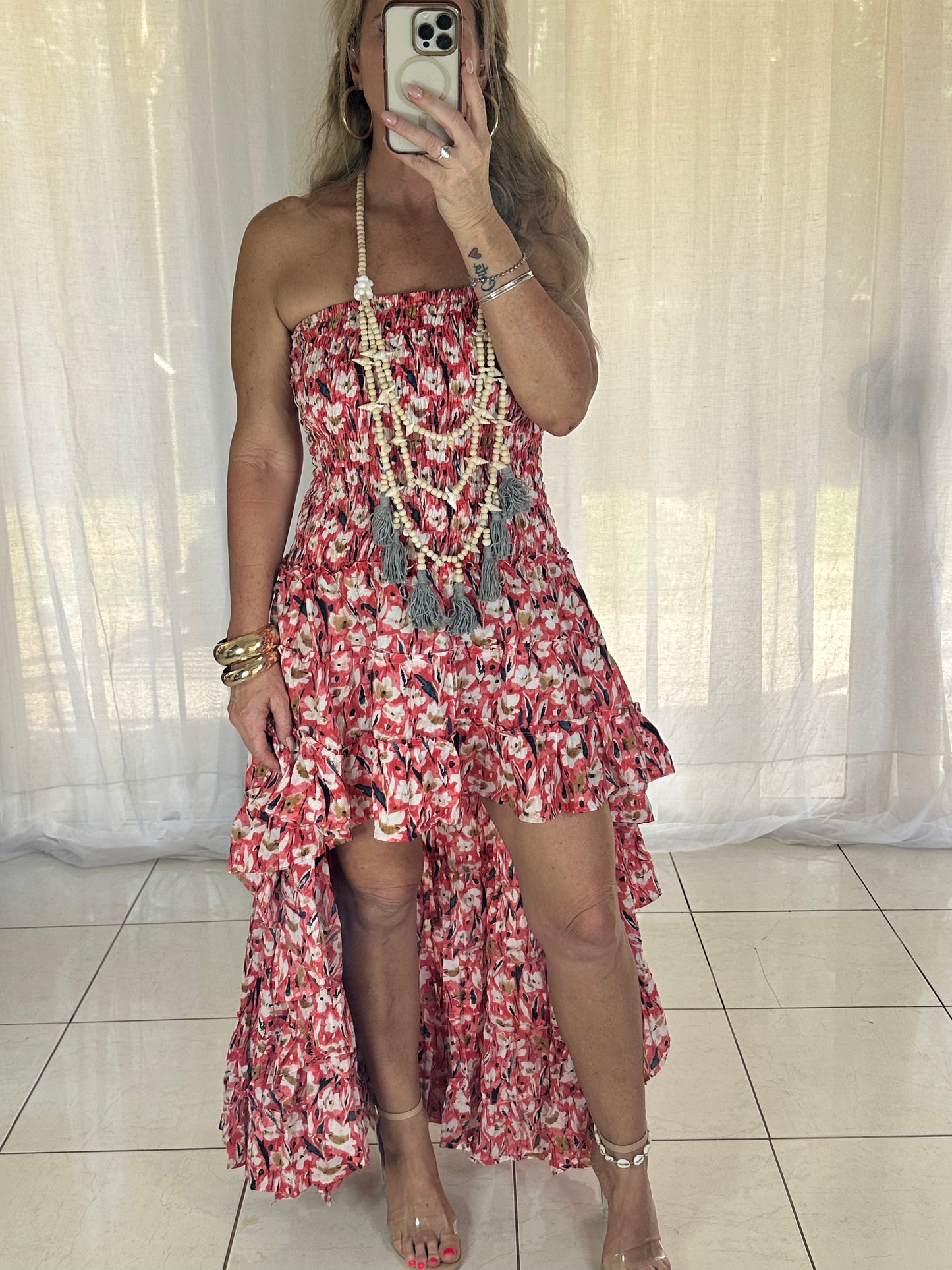 Blossom High Lo Ruffle Dress - Red/White