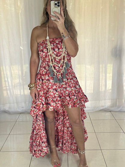 Blossom High Lo Ruffle Dress - Red/White
