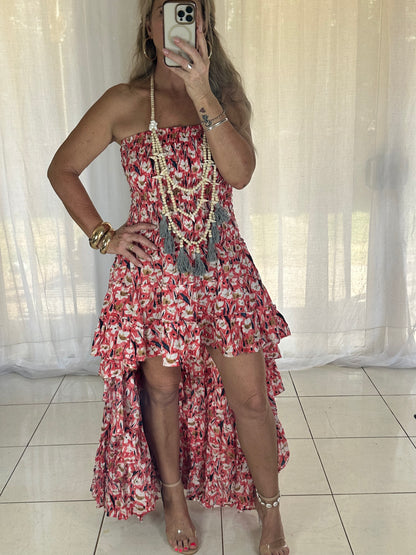 Blossom High Lo Ruffle Dress - Red/White