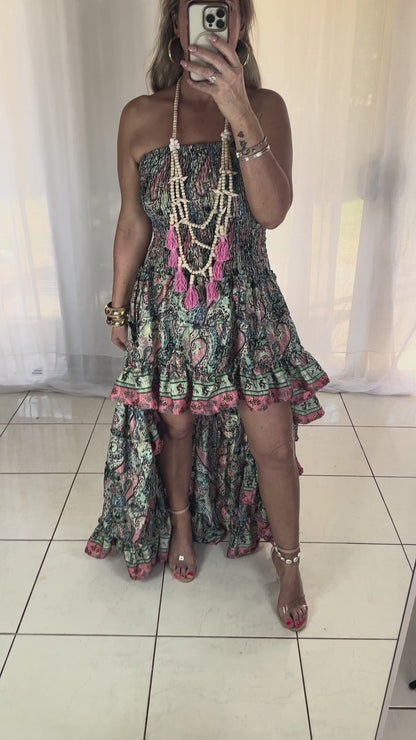 Blossom high Lo Ruffle Dress - Green + Coral