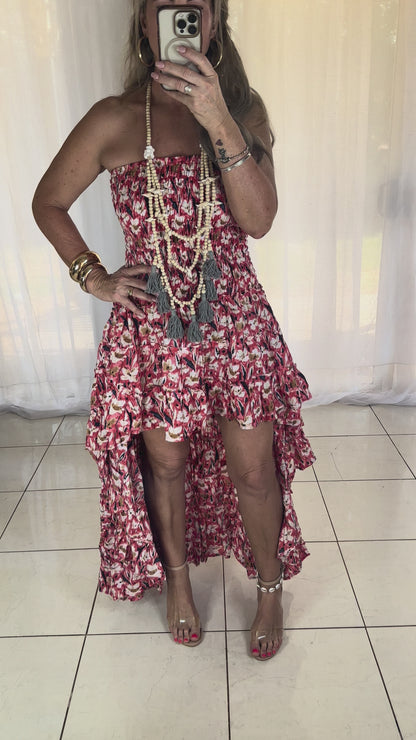 Blossom High Lo Ruffle Dress - Red/White